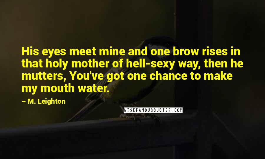 M. Leighton Quotes: His eyes meet mine and one brow rises in that holy mother of hell-sexy way, then he mutters, You've got one chance to make my mouth water.
