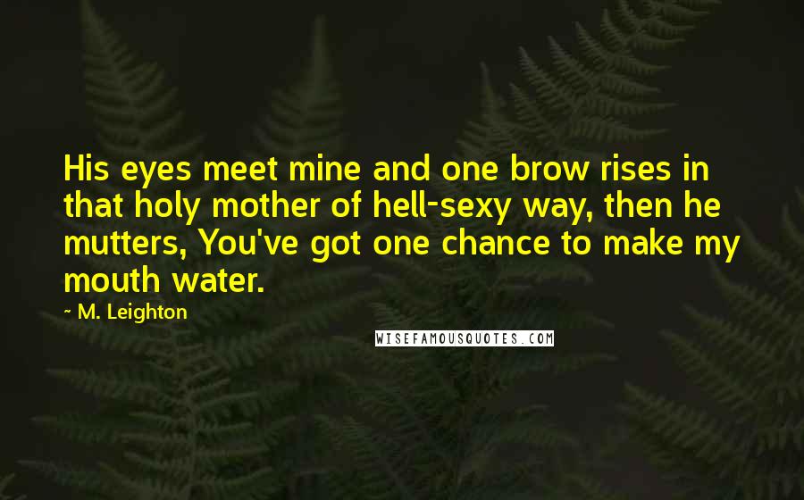 M. Leighton Quotes: His eyes meet mine and one brow rises in that holy mother of hell-sexy way, then he mutters, You've got one chance to make my mouth water.