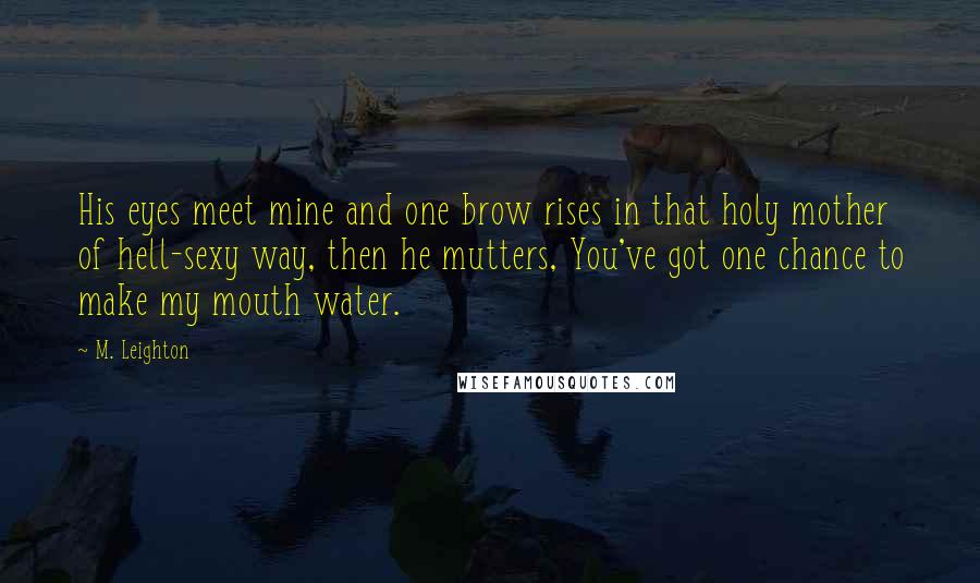 M. Leighton Quotes: His eyes meet mine and one brow rises in that holy mother of hell-sexy way, then he mutters, You've got one chance to make my mouth water.