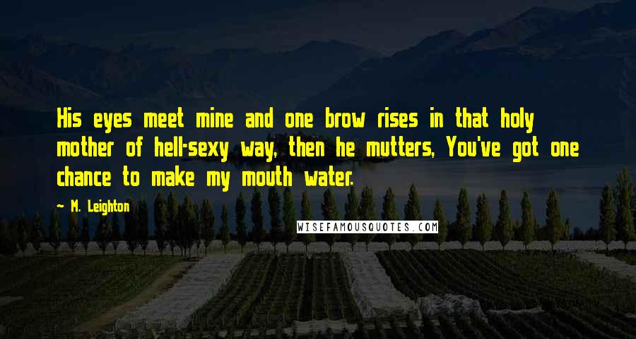M. Leighton Quotes: His eyes meet mine and one brow rises in that holy mother of hell-sexy way, then he mutters, You've got one chance to make my mouth water.