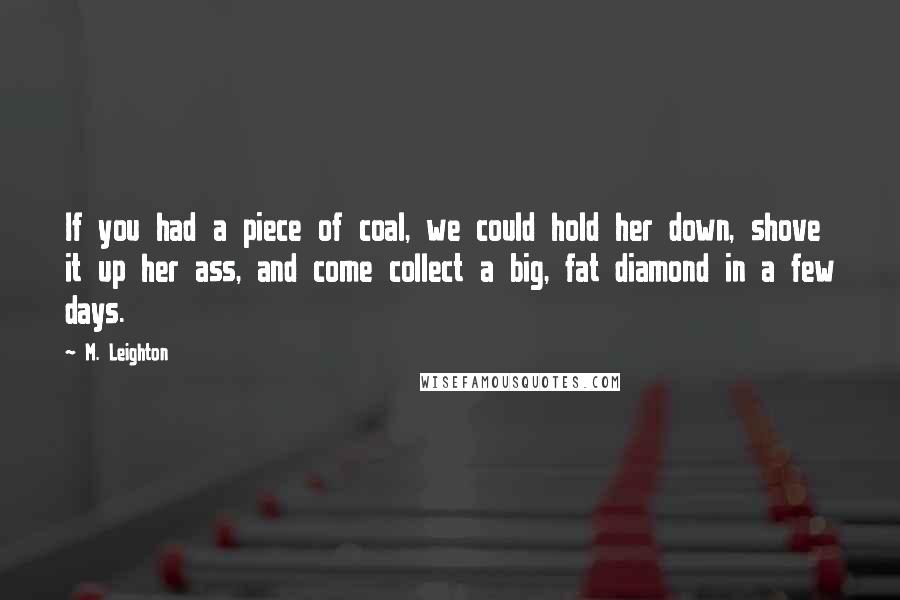 M. Leighton Quotes: If you had a piece of coal, we could hold her down, shove it up her ass, and come collect a big, fat diamond in a few days.