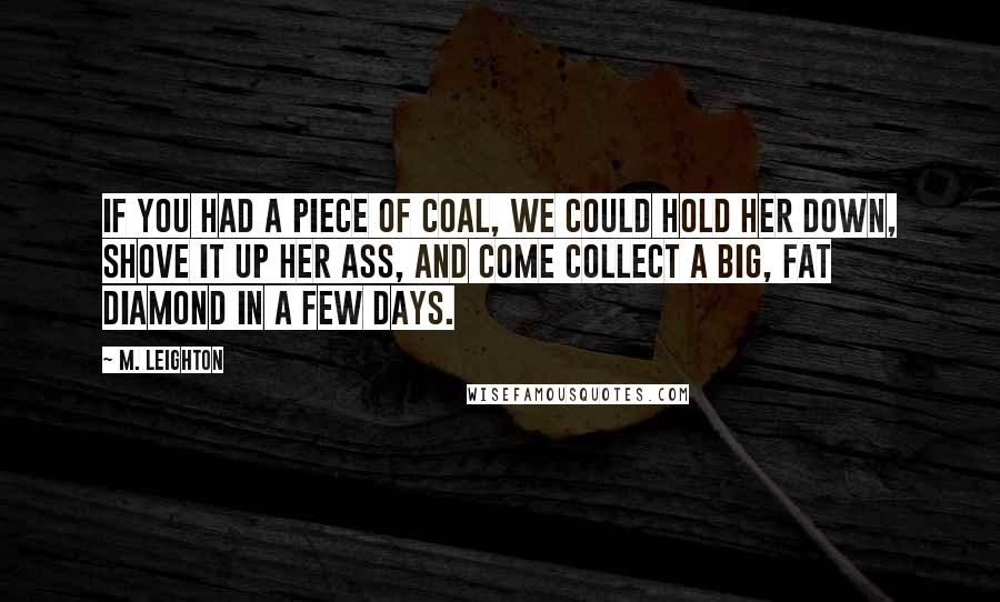 M. Leighton Quotes: If you had a piece of coal, we could hold her down, shove it up her ass, and come collect a big, fat diamond in a few days.