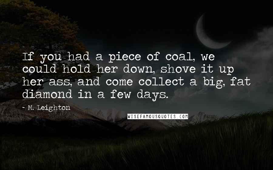 M. Leighton Quotes: If you had a piece of coal, we could hold her down, shove it up her ass, and come collect a big, fat diamond in a few days.