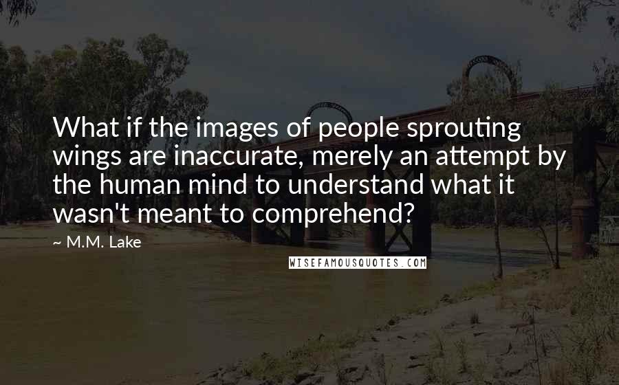 M.M. Lake Quotes: What if the images of people sprouting wings are inaccurate, merely an attempt by the human mind to understand what it wasn't meant to comprehend?