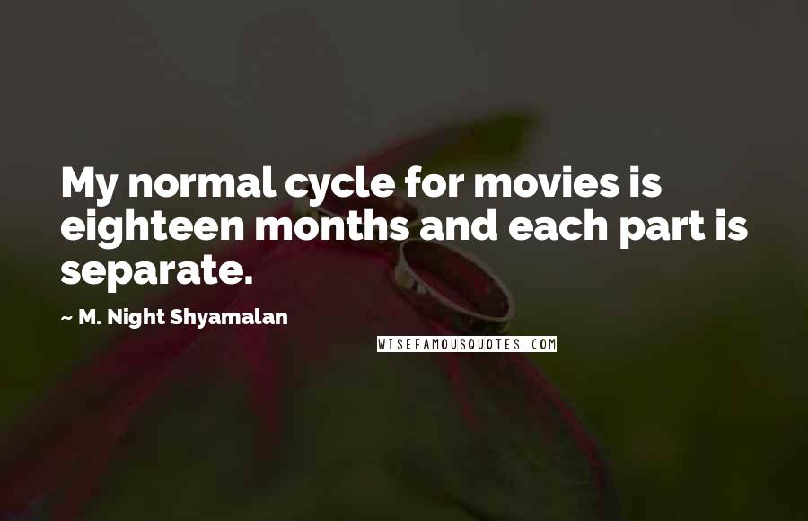 M. Night Shyamalan Quotes: My normal cycle for movies is eighteen months and each part is separate.