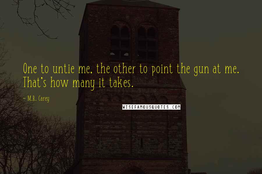 M.R. Carey Quotes: One to untie me, the other to point the gun at me. That's how many it takes.