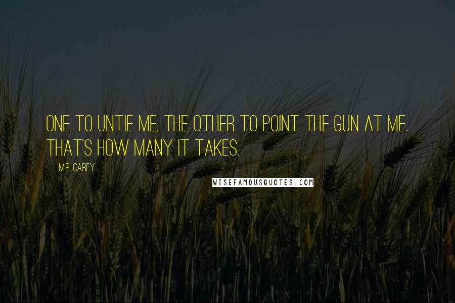 M.R. Carey Quotes: One to untie me, the other to point the gun at me. That's how many it takes.