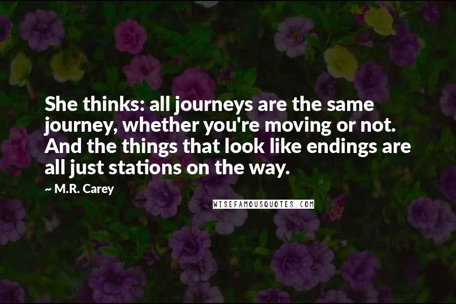 M.R. Carey Quotes: She thinks: all journeys are the same journey, whether you're moving or not. And the things that look like endings are all just stations on the way.