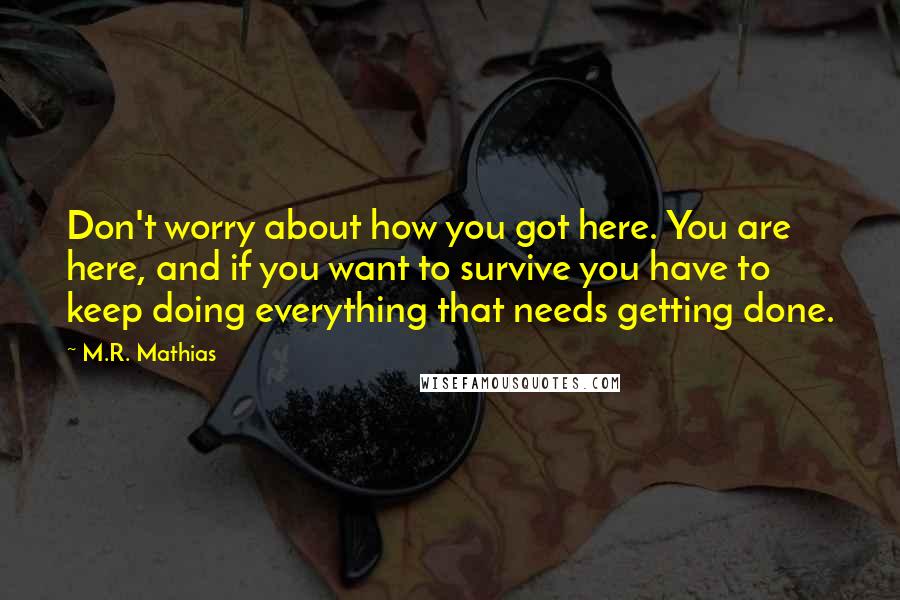 M.R. Mathias Quotes: Don't worry about how you got here. You are here, and if you want to survive you have to keep doing everything that needs getting done.