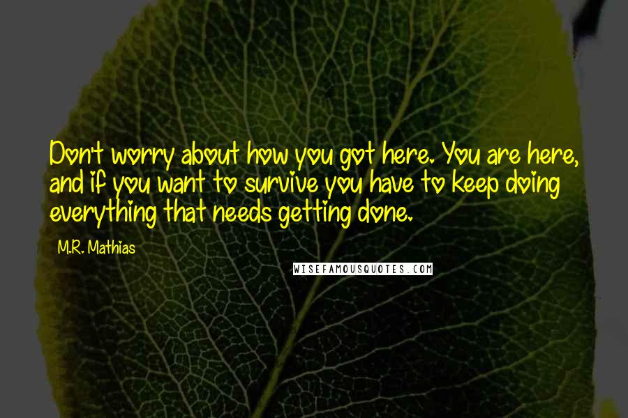 M.R. Mathias Quotes: Don't worry about how you got here. You are here, and if you want to survive you have to keep doing everything that needs getting done.