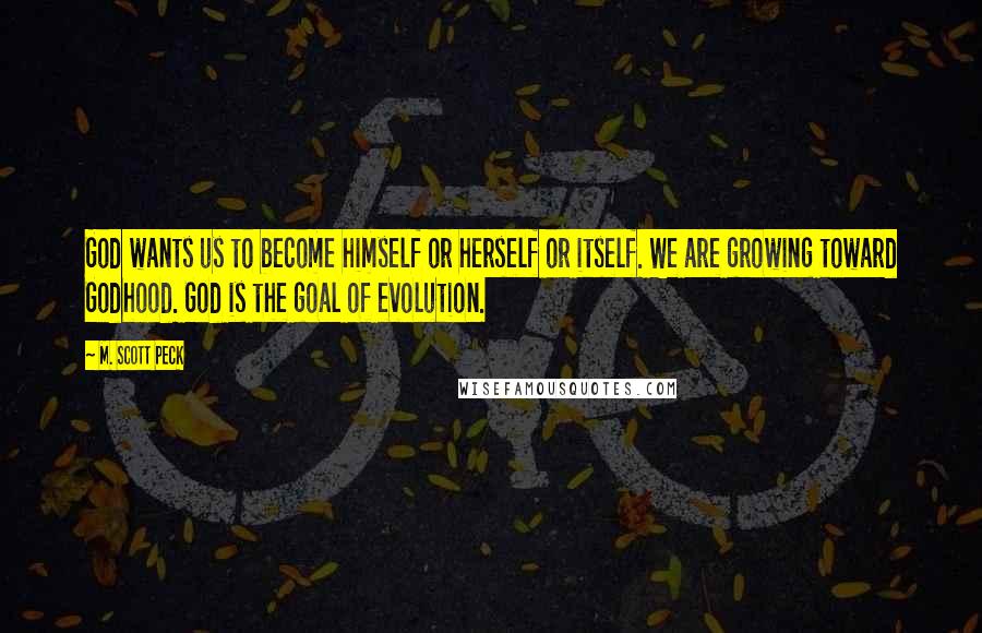 M. Scott Peck Quotes: God wants us to become himself or herself or itself. We are growing toward Godhood. God is the goal of evolution.