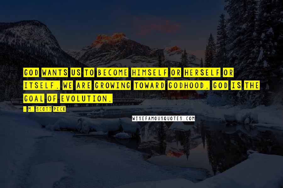 M. Scott Peck Quotes: God wants us to become himself or herself or itself. We are growing toward Godhood. God is the goal of evolution.