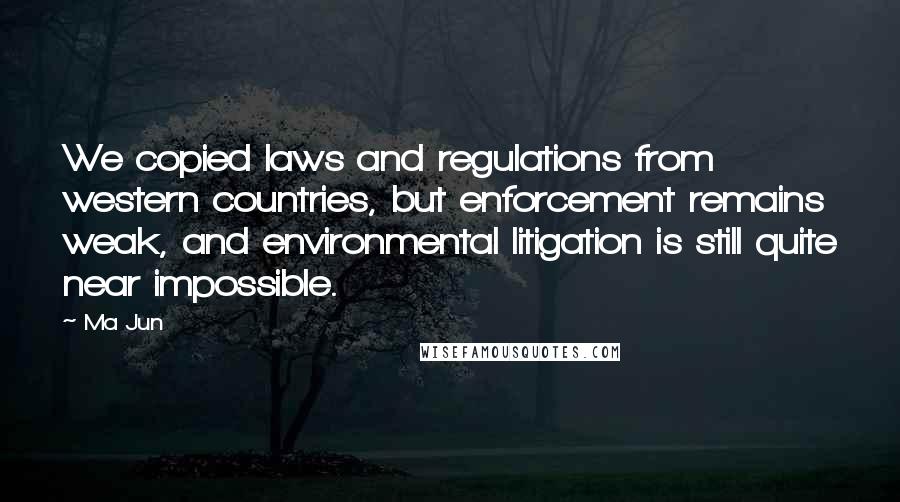 Ma Jun Quotes: We copied laws and regulations from western countries, but enforcement remains weak, and environmental litigation is still quite near impossible.