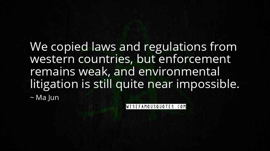 Ma Jun Quotes: We copied laws and regulations from western countries, but enforcement remains weak, and environmental litigation is still quite near impossible.