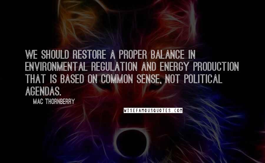 Mac Thornberry Quotes: We should restore a proper balance in environmental regulation and energy production that is based on common sense, not political agendas.