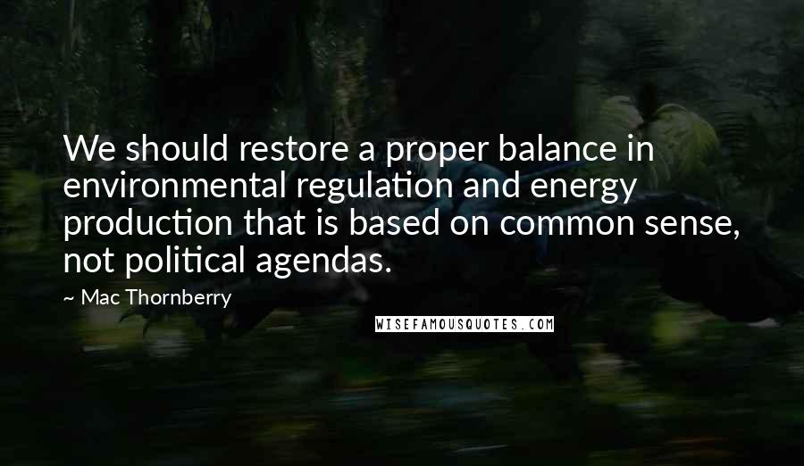 Mac Thornberry Quotes: We should restore a proper balance in environmental regulation and energy production that is based on common sense, not political agendas.