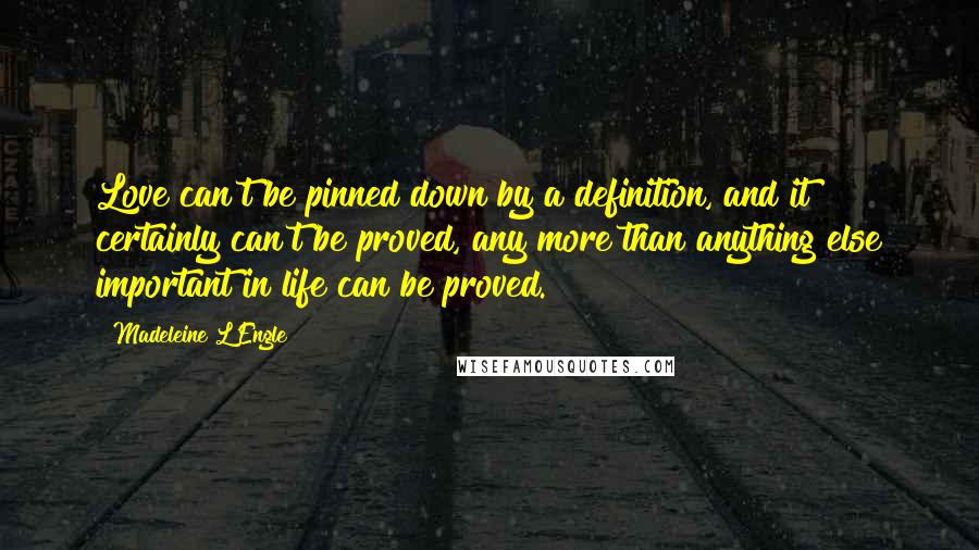 Madeleine L'Engle Quotes: Love can't be pinned down by a definition, and it certainly can't be proved, any more than anything else important in life can be proved.