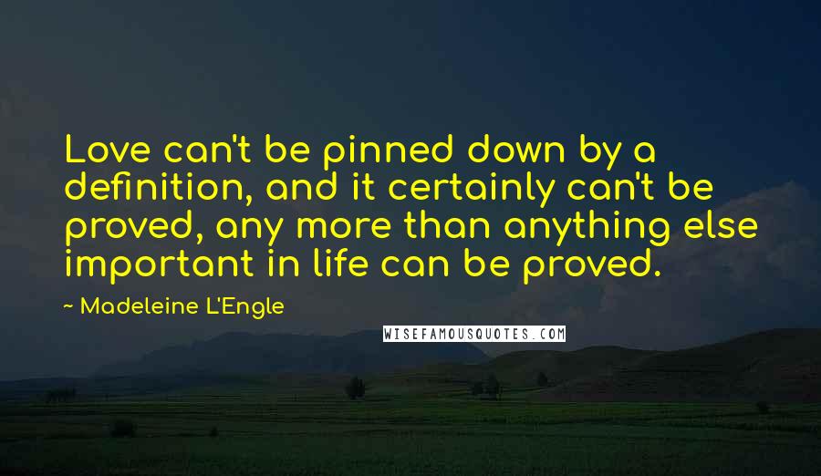Madeleine L'Engle Quotes: Love can't be pinned down by a definition, and it certainly can't be proved, any more than anything else important in life can be proved.