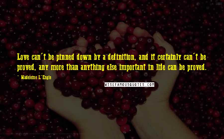 Madeleine L'Engle Quotes: Love can't be pinned down by a definition, and it certainly can't be proved, any more than anything else important in life can be proved.