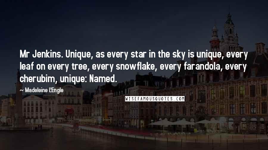 Madeleine L'Engle Quotes: Mr Jenkins. Unique, as every star in the sky is unique, every leaf on every tree, every snowflake, every farandola, every cherubim, unique: Named.