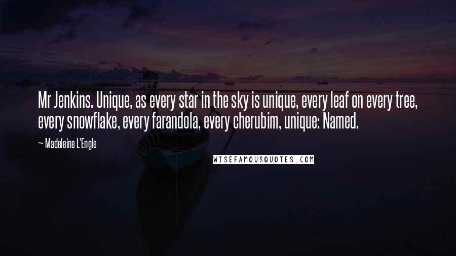 Madeleine L'Engle Quotes: Mr Jenkins. Unique, as every star in the sky is unique, every leaf on every tree, every snowflake, every farandola, every cherubim, unique: Named.