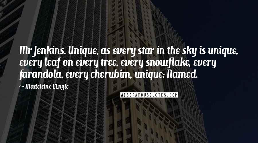 Madeleine L'Engle Quotes: Mr Jenkins. Unique, as every star in the sky is unique, every leaf on every tree, every snowflake, every farandola, every cherubim, unique: Named.