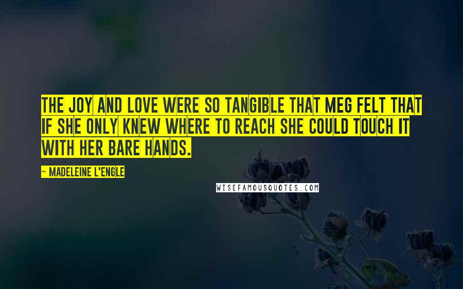 Madeleine L'Engle Quotes: The joy and love were so tangible that Meg felt that if she only knew where to reach she could touch it with her bare hands.