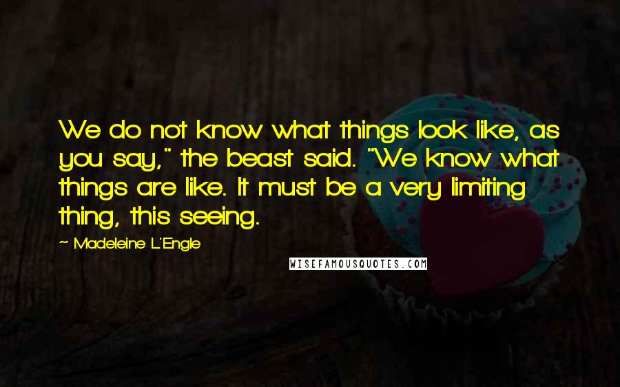 Madeleine L'Engle Quotes: We do not know what things look like, as you say," the beast said. "We know what things are like. It must be a very limiting thing, this seeing.