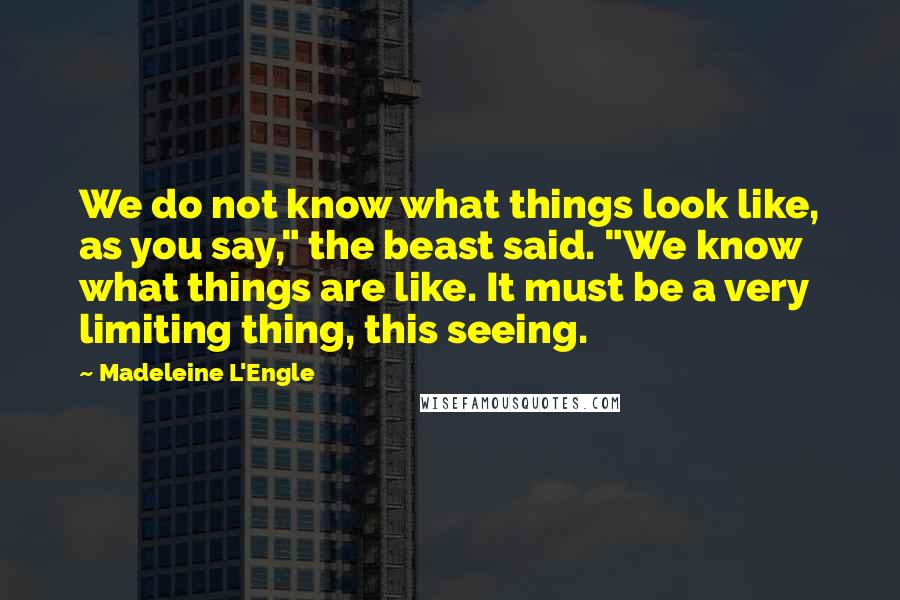 Madeleine L'Engle Quotes: We do not know what things look like, as you say," the beast said. "We know what things are like. It must be a very limiting thing, this seeing.