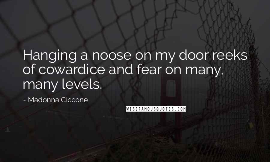 Madonna Ciccone Quotes: Hanging a noose on my door reeks of cowardice and fear on many, many levels.