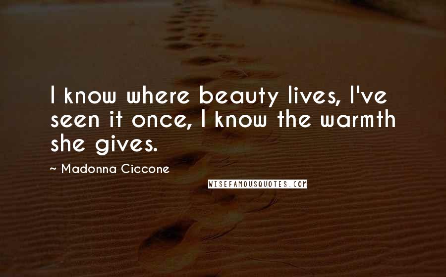 Madonna Ciccone Quotes: I know where beauty lives, I've seen it once, I know the warmth she gives.