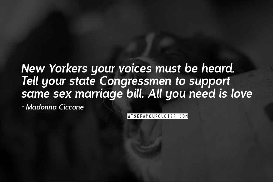 Madonna Ciccone Quotes: New Yorkers your voices must be heard. Tell your state Congressmen to support same sex marriage bill. All you need is love