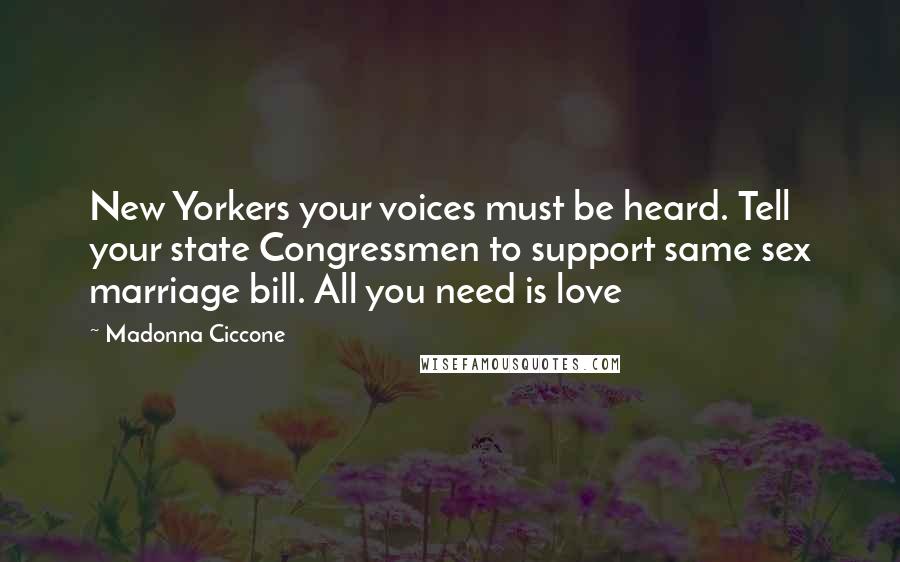 Madonna Ciccone Quotes: New Yorkers your voices must be heard. Tell your state Congressmen to support same sex marriage bill. All you need is love
