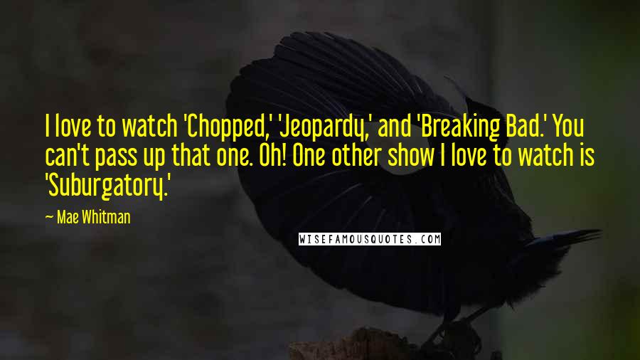 Mae Whitman Quotes: I love to watch 'Chopped,' 'Jeopardy,' and 'Breaking Bad.' You can't pass up that one. Oh! One other show I love to watch is 'Suburgatory.'