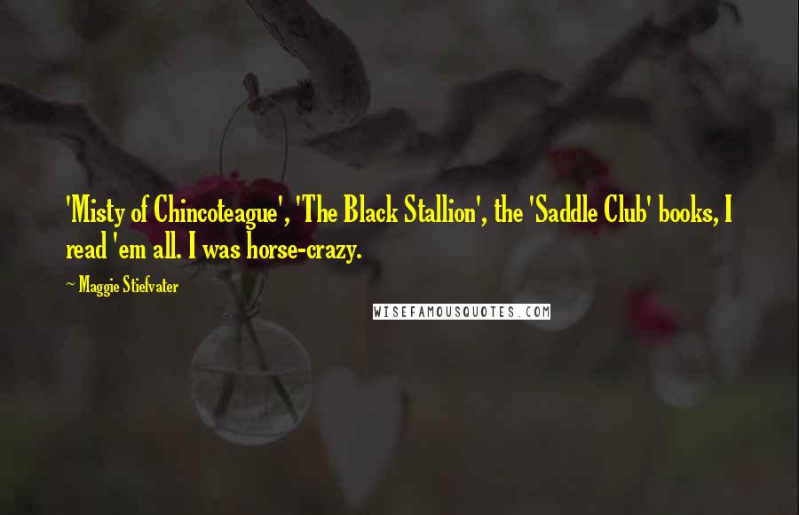 Maggie Stiefvater Quotes: 'Misty of Chincoteague', 'The Black Stallion', the 'Saddle Club' books, I read 'em all. I was horse-crazy.