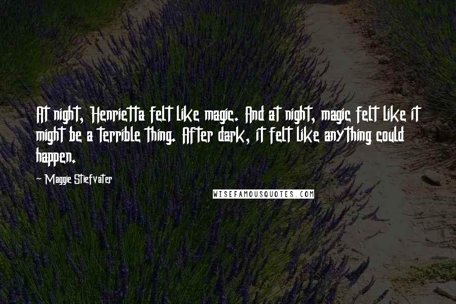 Maggie Stiefvater Quotes: At night, Henrietta felt like magic. And at night, magic felt like it might be a terrible thing. After dark, it felt like anything could happen.
