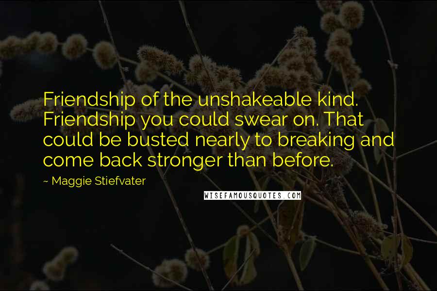 Maggie Stiefvater Quotes: Friendship of the unshakeable kind. Friendship you could swear on. That could be busted nearly to breaking and come back stronger than before.