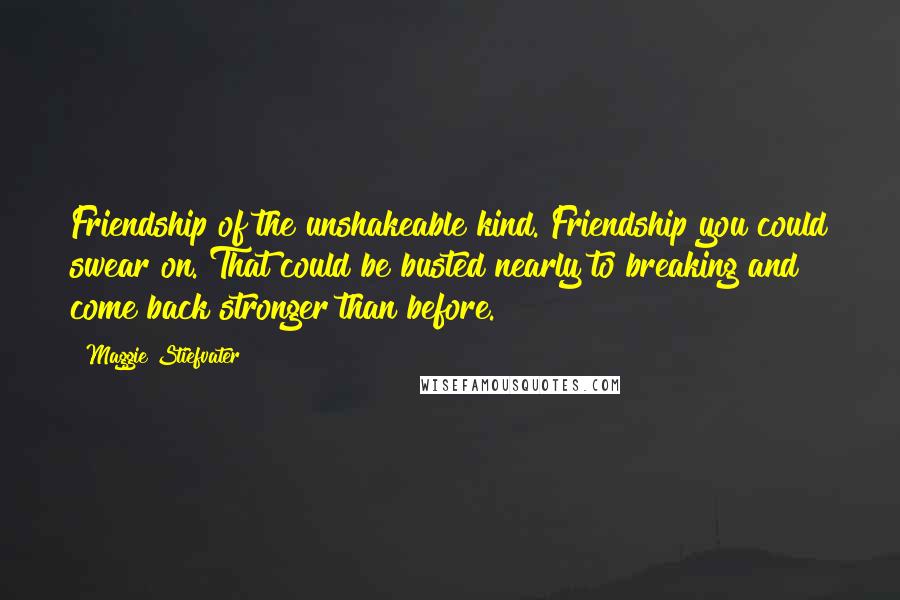 Maggie Stiefvater Quotes: Friendship of the unshakeable kind. Friendship you could swear on. That could be busted nearly to breaking and come back stronger than before.