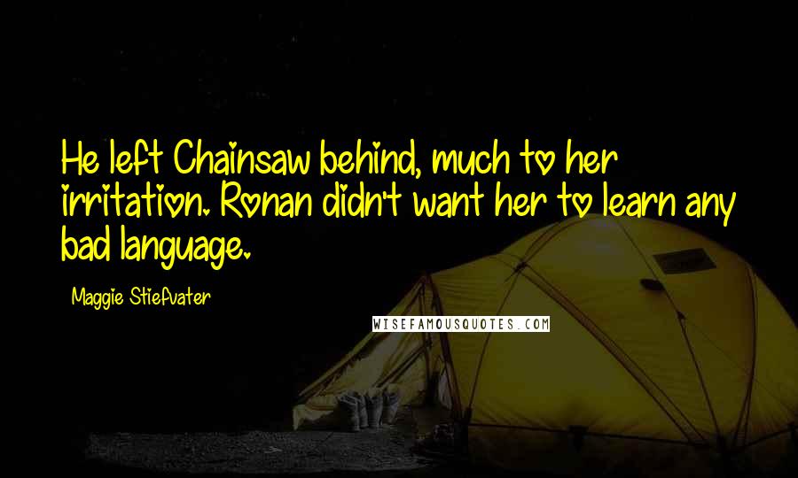 Maggie Stiefvater Quotes: He left Chainsaw behind, much to her irritation. Ronan didn't want her to learn any bad language.