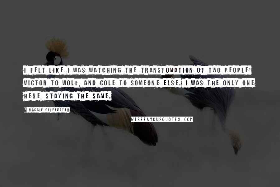 Maggie Stiefvater Quotes: I felt like I was watching the transfomation of two people: Victor to wolf, and Cole to someone else. I was the only one here, staying the same.