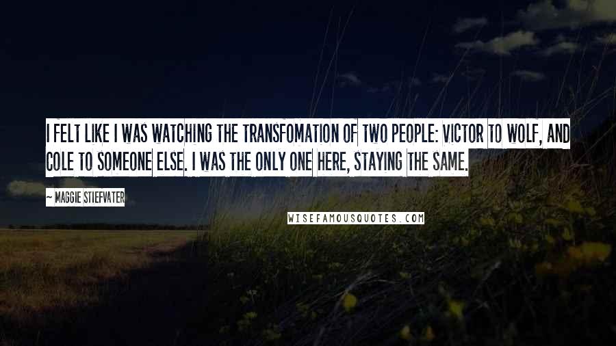 Maggie Stiefvater Quotes: I felt like I was watching the transfomation of two people: Victor to wolf, and Cole to someone else. I was the only one here, staying the same.