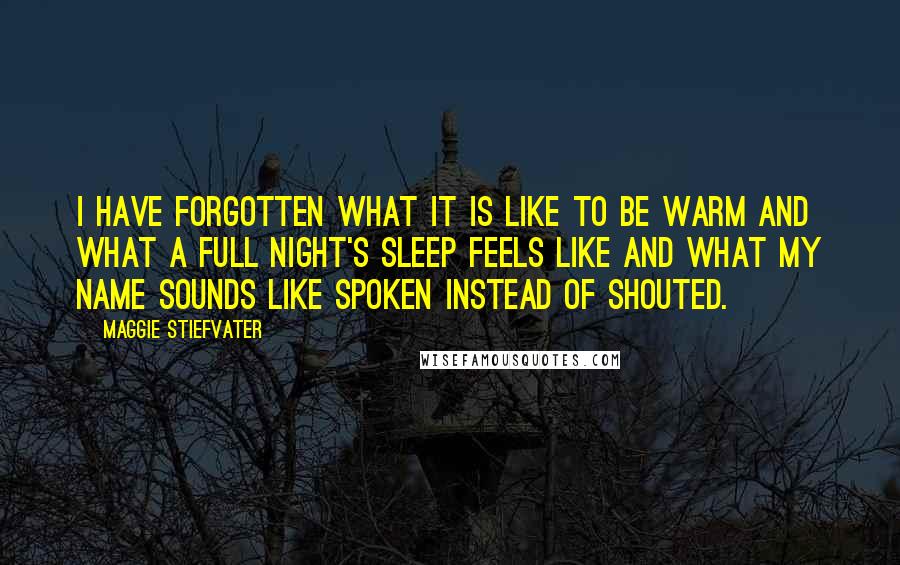 Maggie Stiefvater Quotes: I have forgotten what it is like to be warm and what a full night's sleep feels like and what my name sounds like spoken instead of shouted.