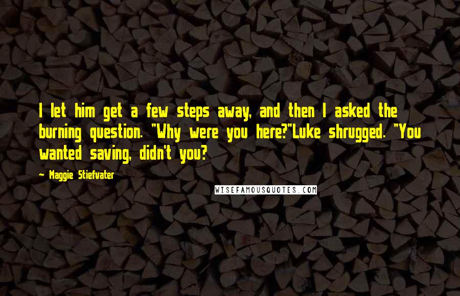 Maggie Stiefvater Quotes: I let him get a few steps away, and then I asked the burning question. "Why were you here?"Luke shrugged. "You wanted saving, didn't you?