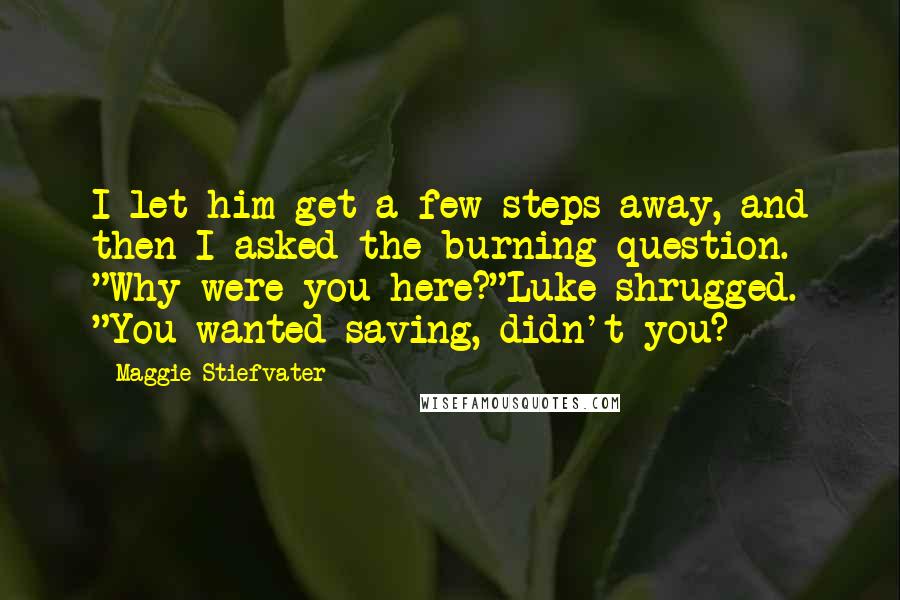 Maggie Stiefvater Quotes: I let him get a few steps away, and then I asked the burning question. "Why were you here?"Luke shrugged. "You wanted saving, didn't you?