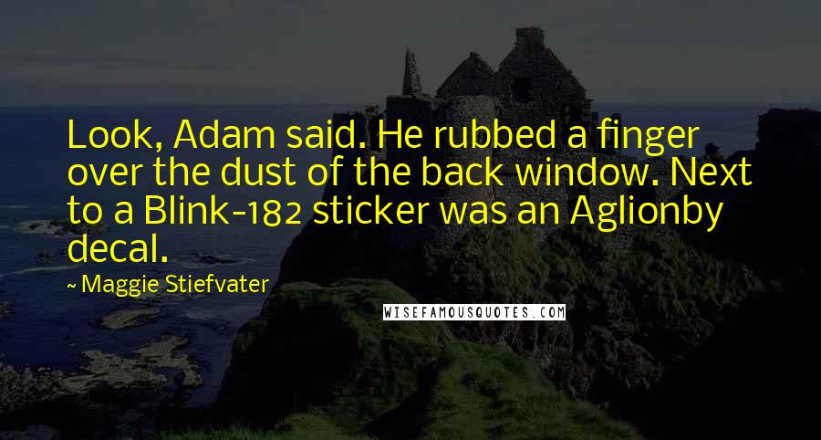 Maggie Stiefvater Quotes: Look, Adam said. He rubbed a finger over the dust of the back window. Next to a Blink-182 sticker was an Aglionby decal.