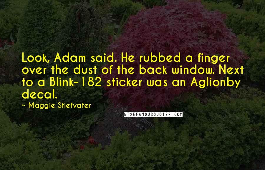 Maggie Stiefvater Quotes: Look, Adam said. He rubbed a finger over the dust of the back window. Next to a Blink-182 sticker was an Aglionby decal.