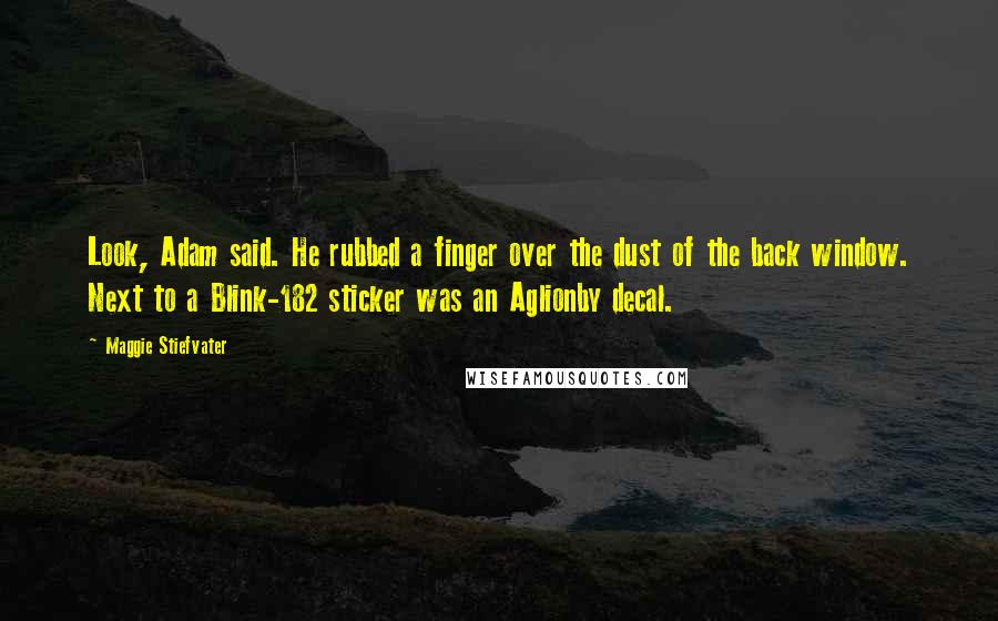 Maggie Stiefvater Quotes: Look, Adam said. He rubbed a finger over the dust of the back window. Next to a Blink-182 sticker was an Aglionby decal.