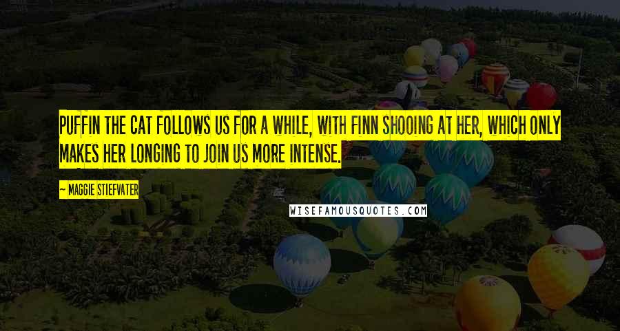 Maggie Stiefvater Quotes: Puffin the cat follows us for a while, with Finn shooing at her, which only makes her longing to join us more intense.