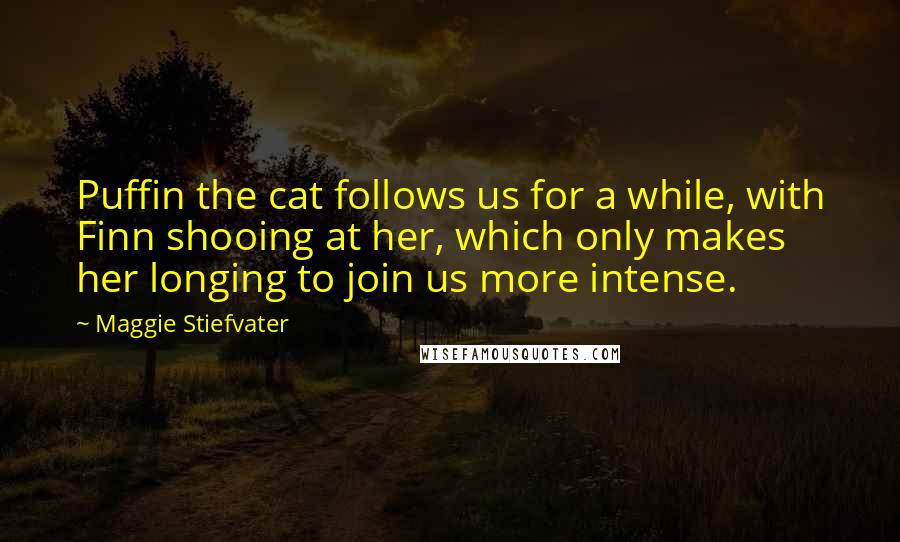 Maggie Stiefvater Quotes: Puffin the cat follows us for a while, with Finn shooing at her, which only makes her longing to join us more intense.