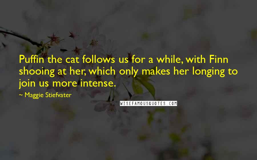 Maggie Stiefvater Quotes: Puffin the cat follows us for a while, with Finn shooing at her, which only makes her longing to join us more intense.